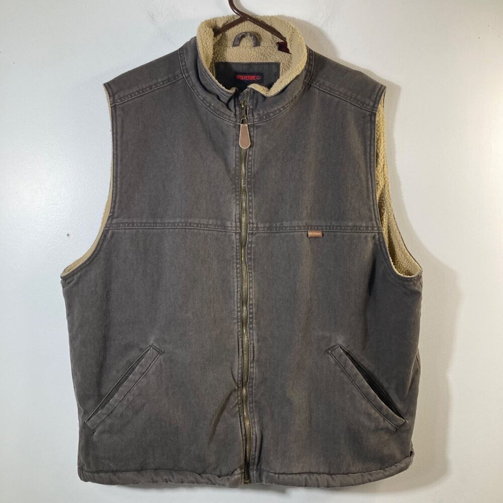 Mens Wolverine Sherpa Lined Zip Duck Canvas Vest Brown XL Cotton Polyester‎